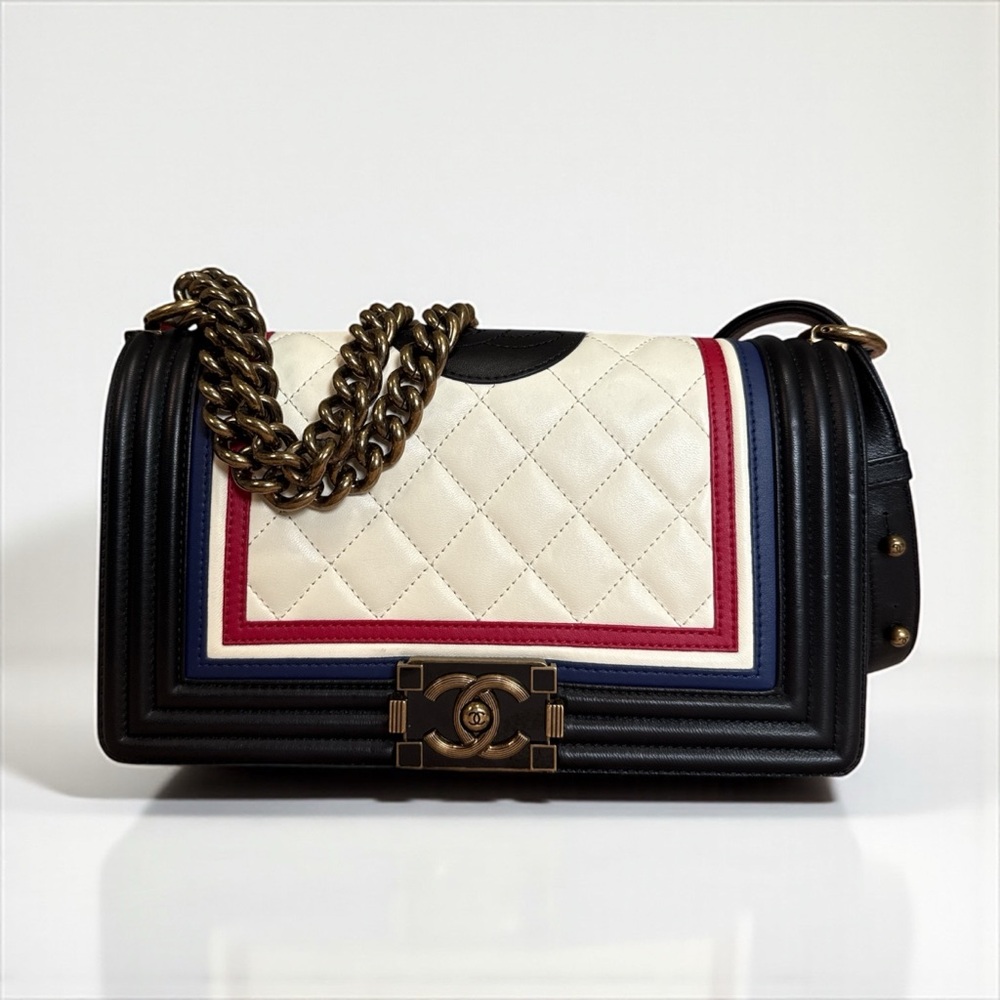 Chanel Boy Lambskin Tricolor Quilted Leather Shoulder Bag